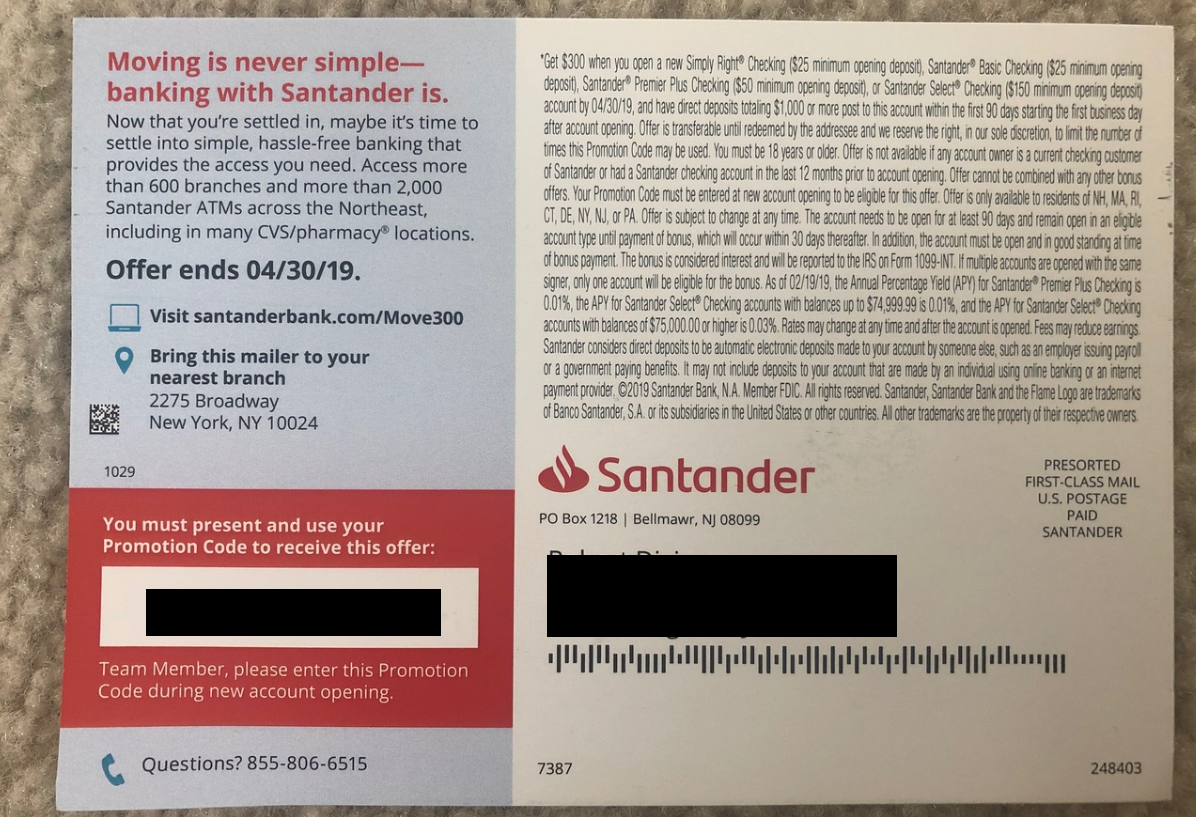 Santander Bank 300 Checking Bonus [NH, MA, RI, CT, DE, NY, NJ & PA